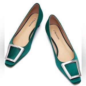 C.Paravano Women's Square Toe Low Metal Buckle Closed Chunky Leather Green 42/11